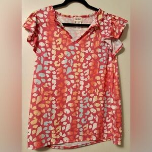 NWOT BiBi “It’s Your Love” Pink & Orange Leopard Print Blouse. Size Large